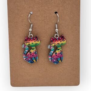 Colorful Rainbow Cat Dangle Earrings | Whimsical Kitty Jewelry